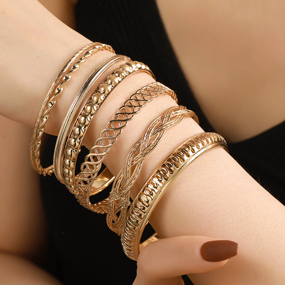Geometric Round Plated Alloy Multi-Layer Bracelet Set