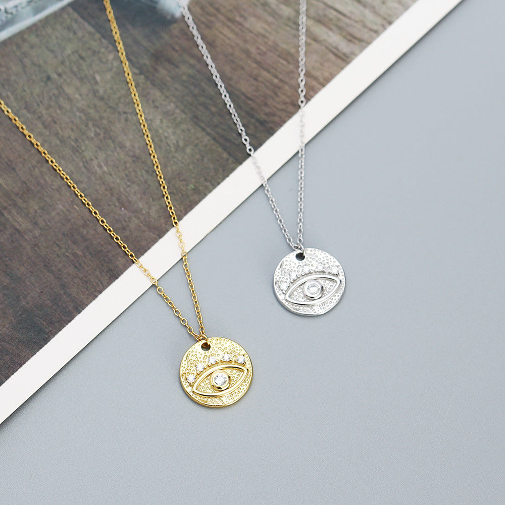 Minimalist Geometric Silver Coin Pendant Necklace with Evil Eye Charm, 925 Sterling Silver Snake Bone and O-Shape Layered Locket Chain