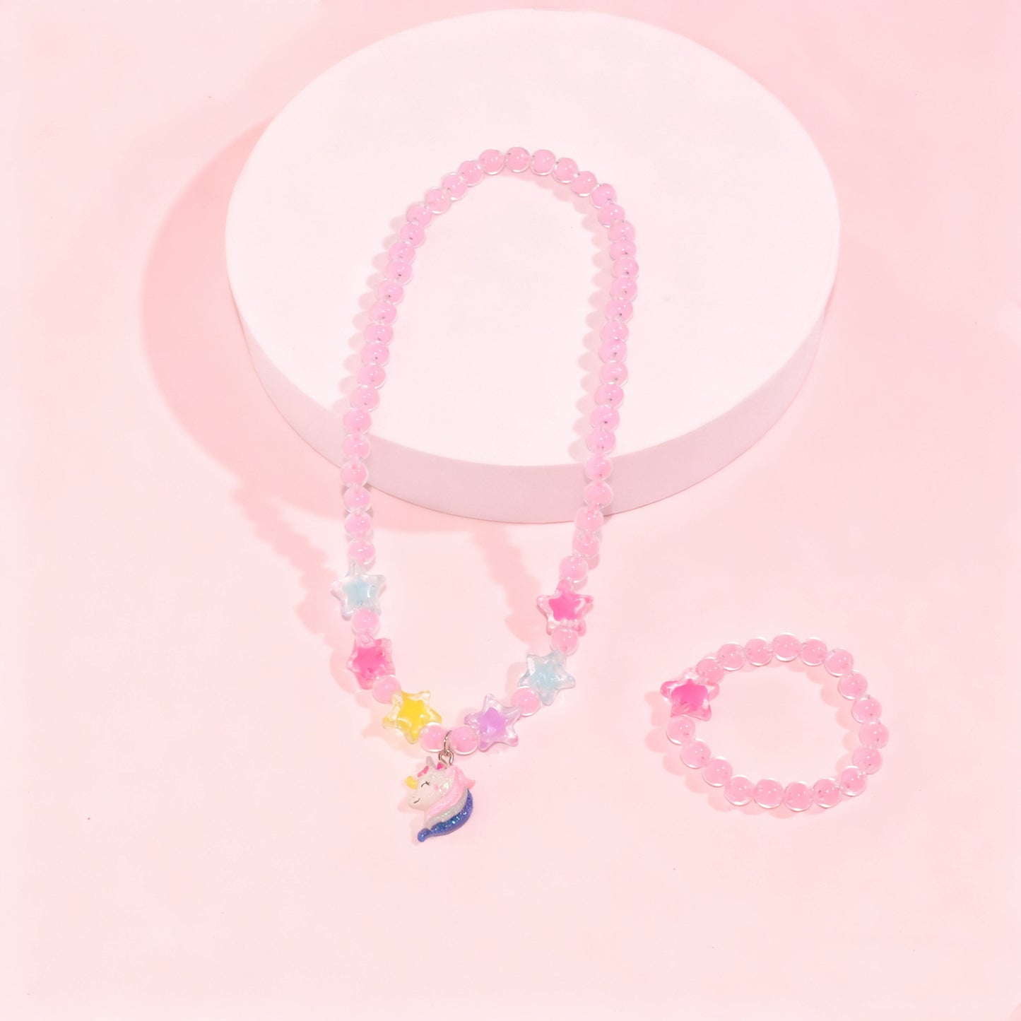 Cartoon Style Unicorn and Heart-Shaped Resin Beaded Necklace Set for Girls with Round Bead Chain