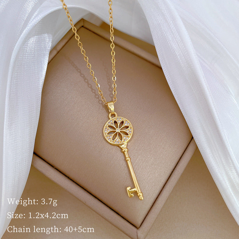 Luxury Minimalist Sweet Geometric Rhinestone Pendant Necklace for Women Titanium Steel O-Chain