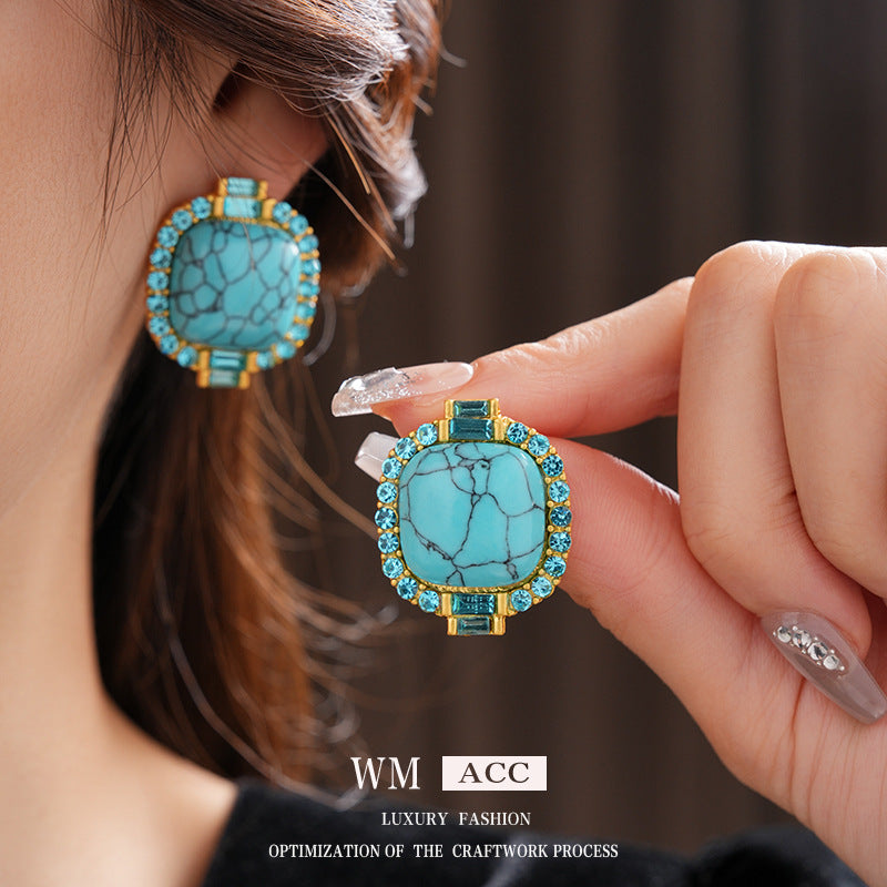 Vintage Geometric Turquoise-Inlaid Stud Earrings with Rhinestone Accents for Women
