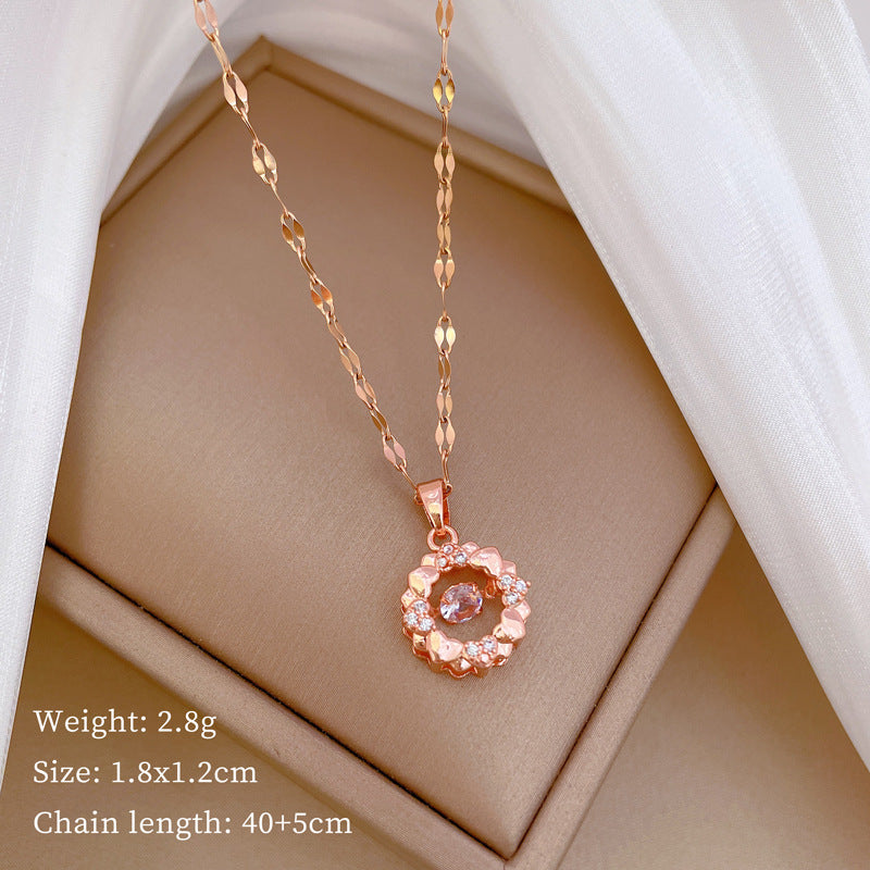 Luxury Minimalist Sweet Geometric Rhinestone Pendant Necklace for Women Titanium Steel O-Chain