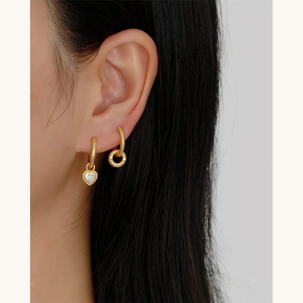 Luxury Elegant Heart Striped Rhinestone Plated 925 Sterling Silver Hoop Earrings for Women