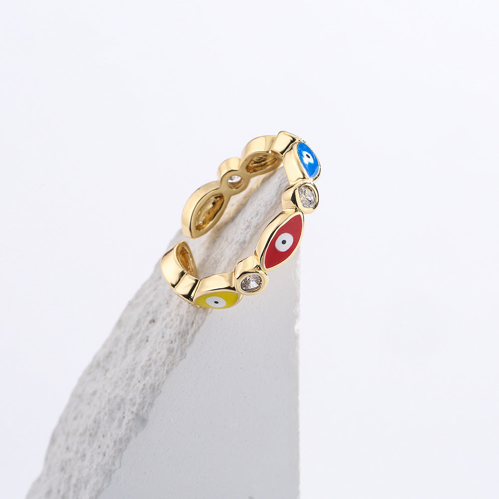 Minimalist Geometric Copper Ring with 18K Gold Plating and Enamel Eye Detail for Women