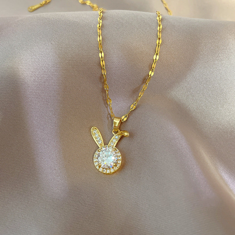 Cute Rabbit Pendant Necklace for Women Made of Titanium Steel with Rhinestone Inlay and Plated Finish, Minimalist Clavicle Chain