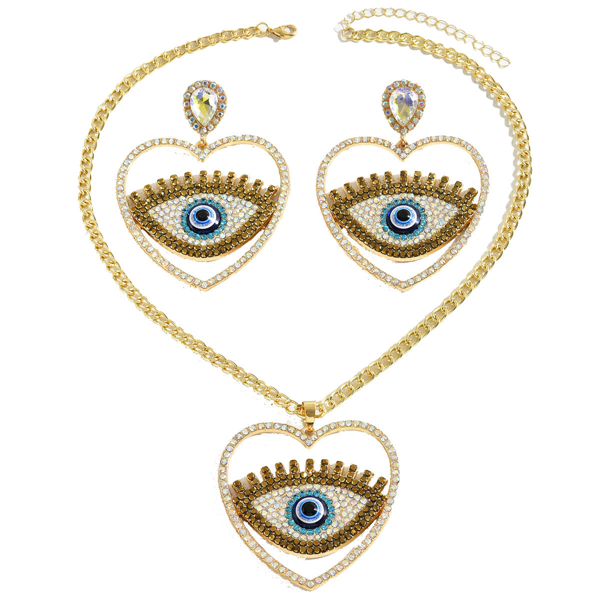 Juego de collar con colgante de ojo turco estilo retro Hip Hop con abalorios de aleación en forma de corazón y campana para mujer