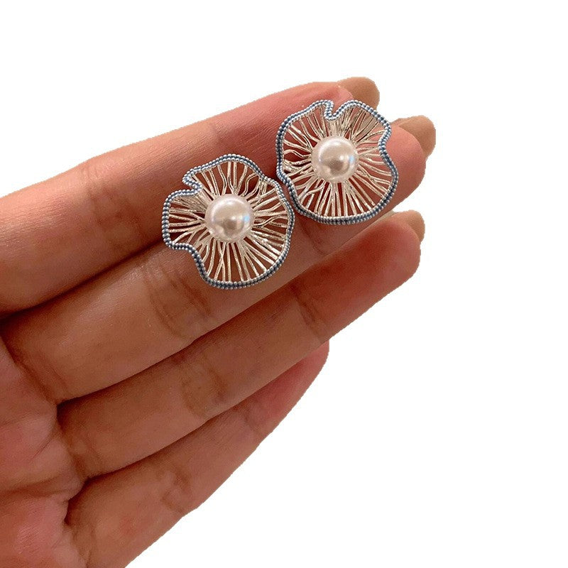 Elegantes Pendientes de Botón Estilo Perla con Acabado Esmaltado, Diseño Floral Geométrico, Postes de Acero Inoxidable, para Mujer