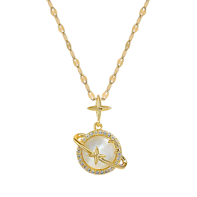 Collana con ciondolo a forma di pianeta in pietra occhio di gatto geometrica in stile cartone animato per donna in acciaio al titanio con incastonatura micro-pavé