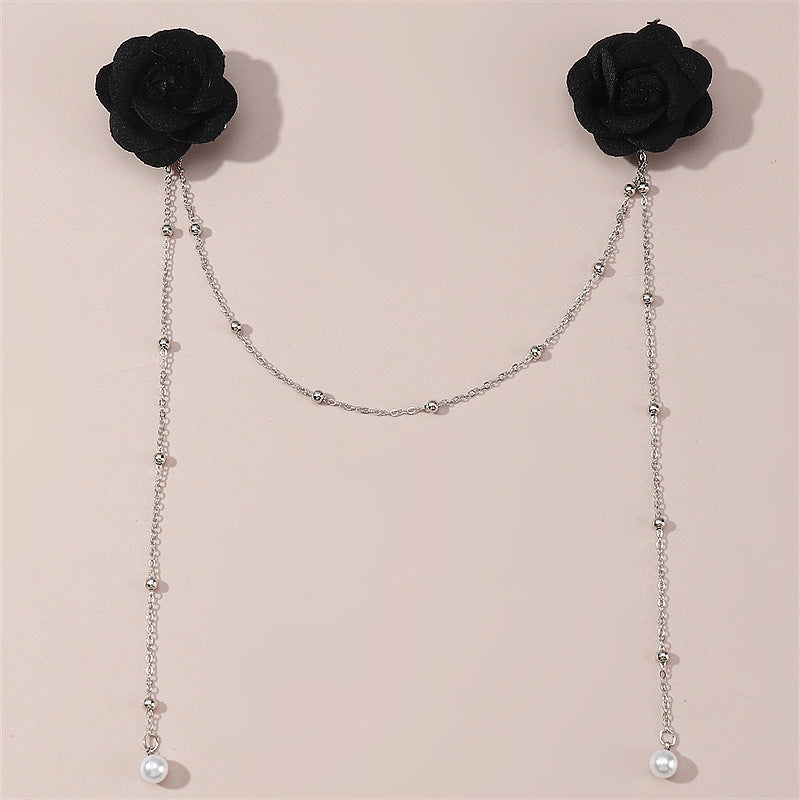 Minimalist Dark Night Rose Tassel Pearl Hair Clip Set for Kids with Metal Flower Design