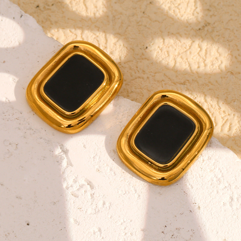 Fashionable Geometric Black Onyx Frame Stud Earrings in Stainless Steel with 18K Gold Plating for Women
