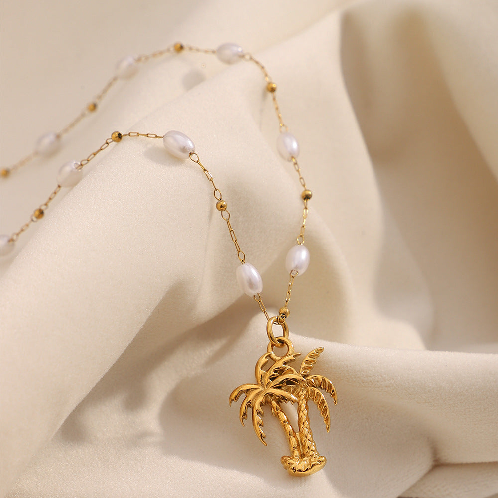 Collana con Pendente ad Albero di Cocco Tropicale alla Moda da Donna in Acciaio Inossidabile con Placcatura in Oro 18 carati e Accenti di Perle Simulate