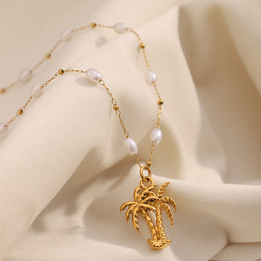 Collana con Pendente ad Albero di Cocco Tropicale alla Moda da Donna in Acciaio Inossidabile con Placcatura in Oro 18 carati e Accenti di Perle Simulate