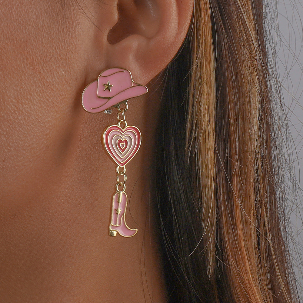 Pendientes Geométricos de Aleación Dulces y Atrevidos con Acabado de Esmalte en Forma de Sombrero de Vaquero y Bota con Corazón