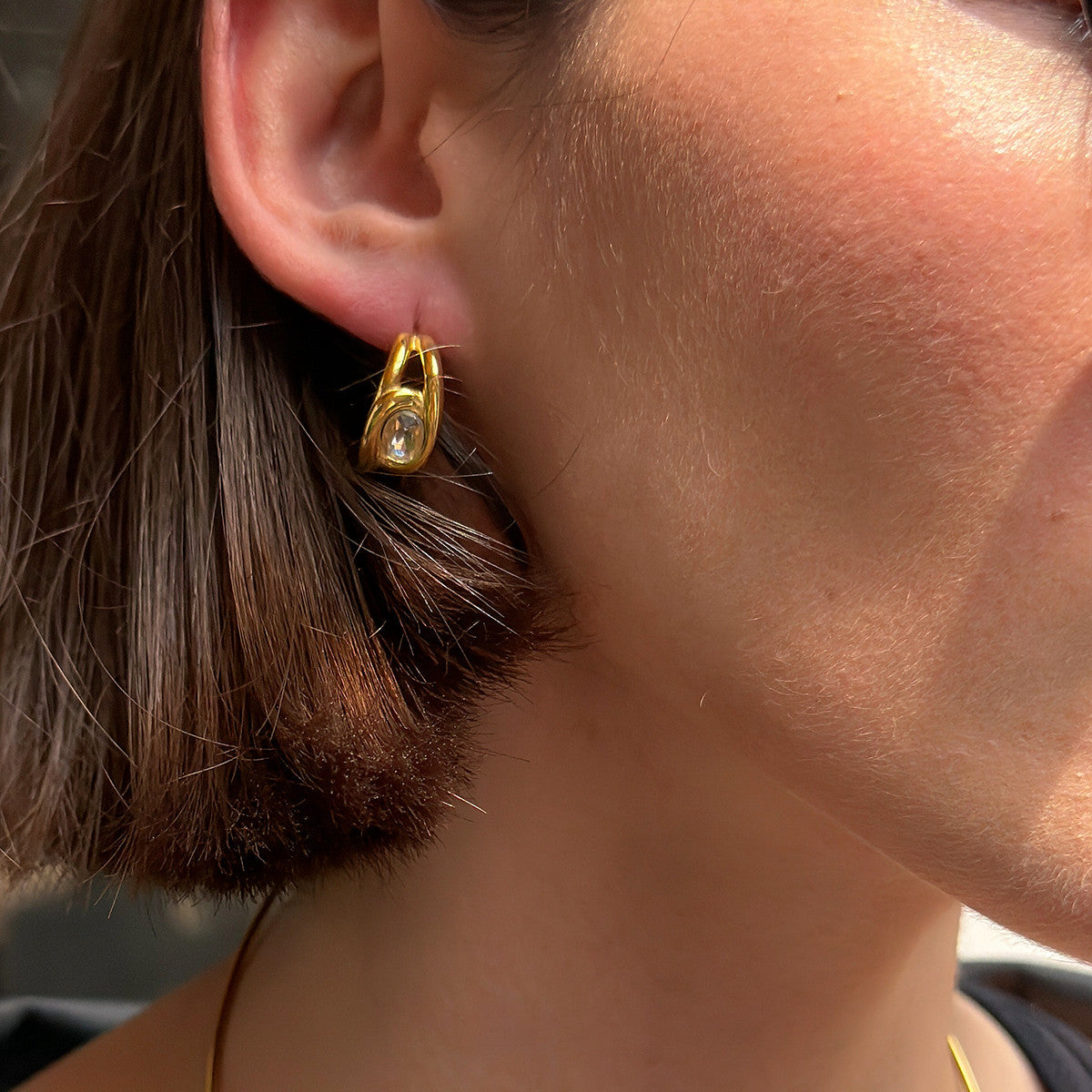 Elegant Geometric 18K Gold Plated Stainless Steel Rhinestone C-Shaped Earrings for Women