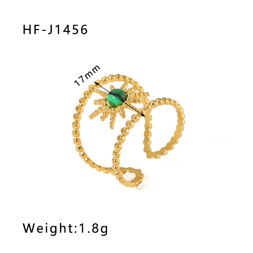 Vintage Geometric Round Emerald Green Natural Stone Stainless Steel Ring with 18K Gold Plating