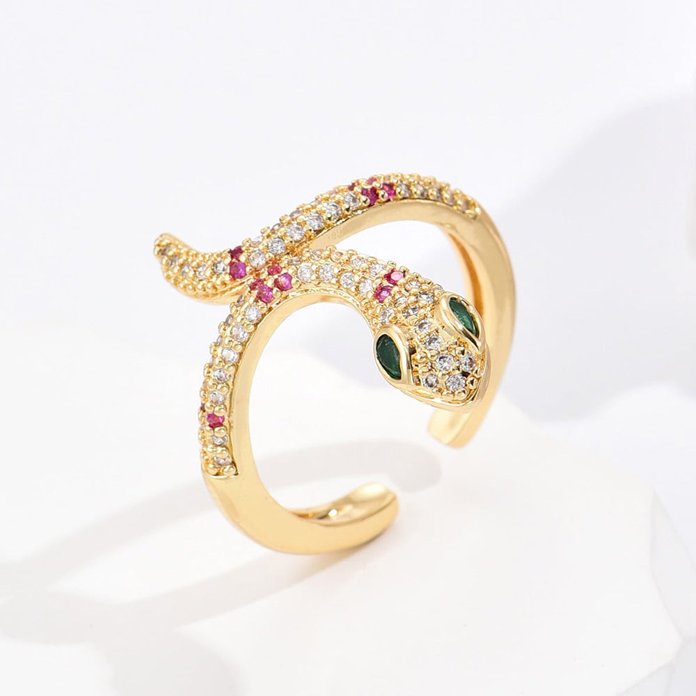 Geometric Snake-Shaped Copper Ring with 18K Gold Plating and Zircon Inlay for Women