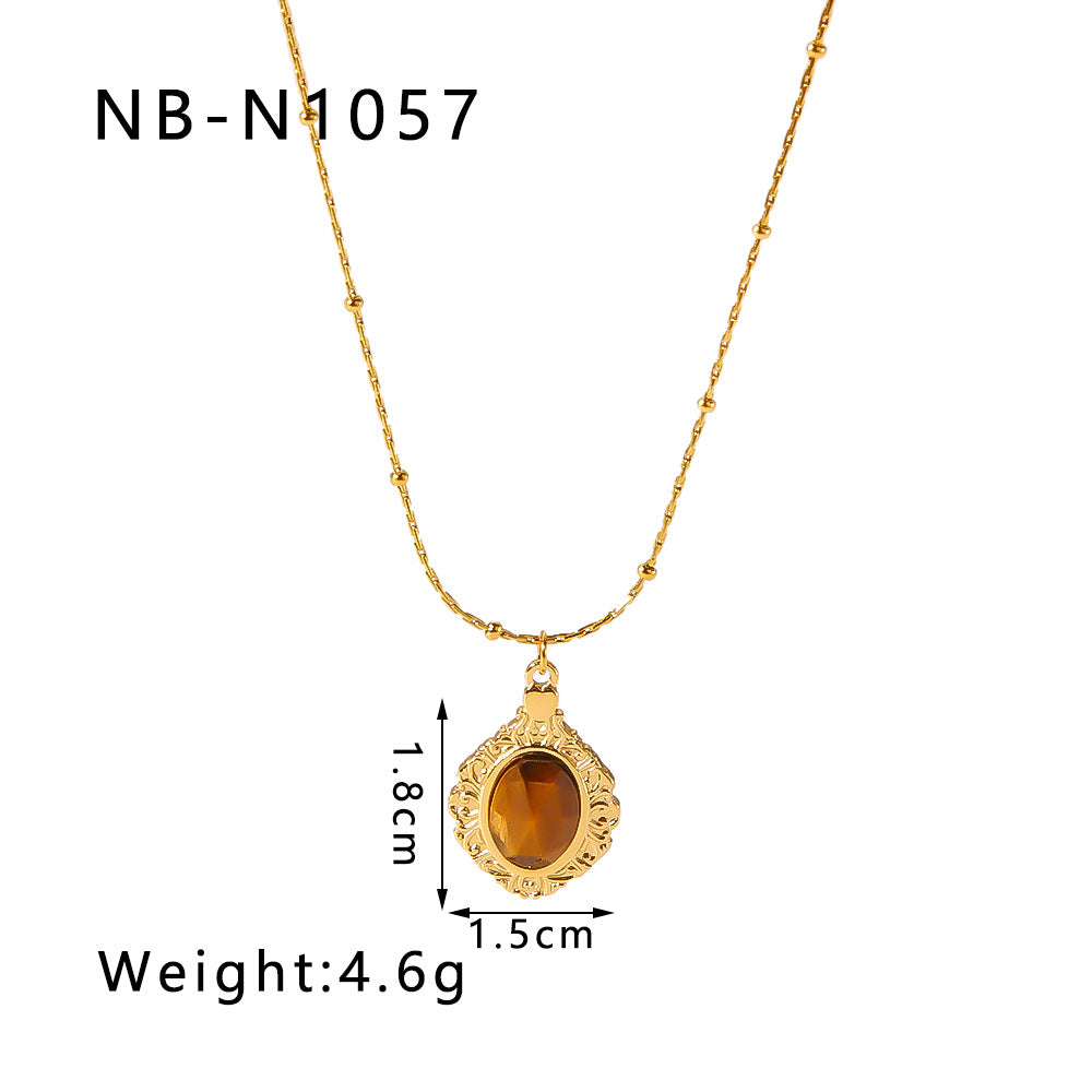 Vintage French Style Geometric Pendant Necklace for Women Stainless Steel with 18K Gold Plating and Natural Tiger Eye Inlay