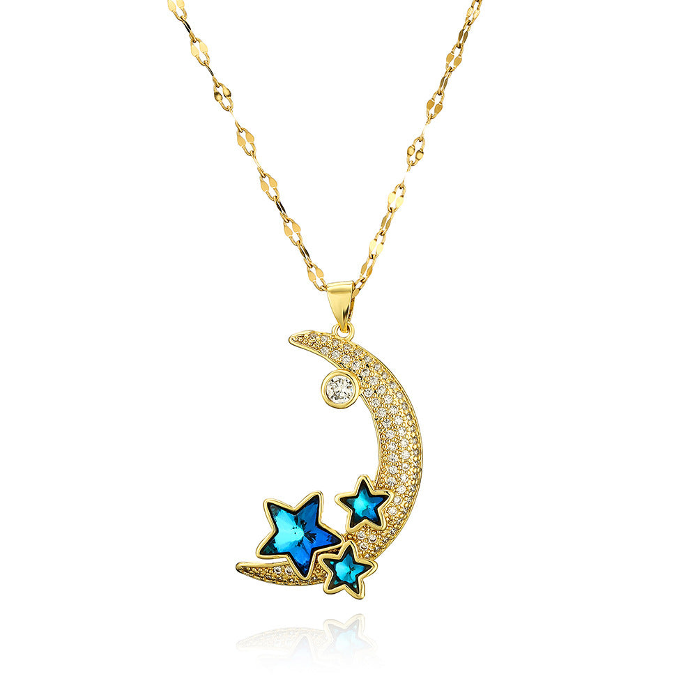 Collana Pendente Stella e Luna Minimalista da Donna in Rame con Placcatura in Oro Vero e Intarsio in Zircone