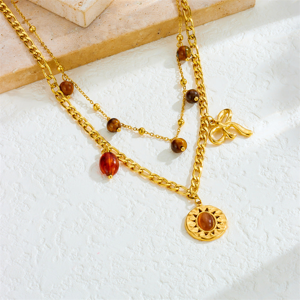 Vintage Round Sun Tiger Eye Stainless Steel Plated Butterfly Pendant Double Layer Serpentine Chain Necklace for Women