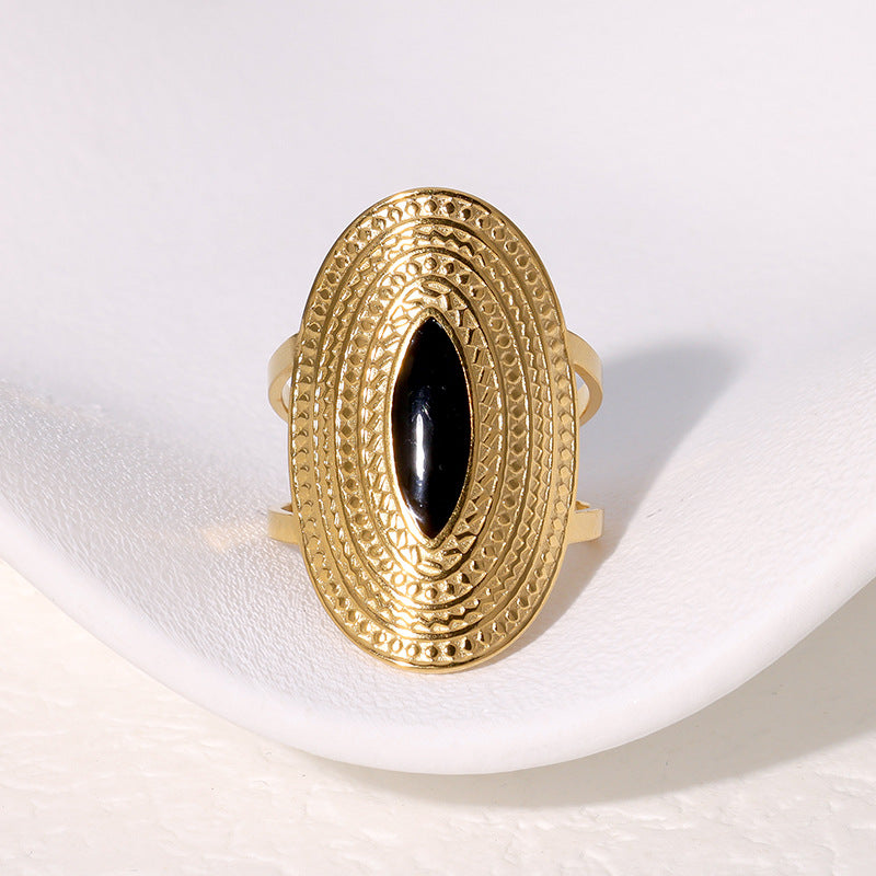 Vintage Oversized Wide Index Finger Ring in Geometric Shape with 18K Gold Plating and Enamel Finish on Stainless Steel
