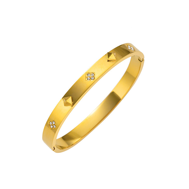 Bracciale da donna minimalista a forma di trifoglio in acciaio inossidabile con intarsio in strass e chiusura in acciaio al titanio placcato