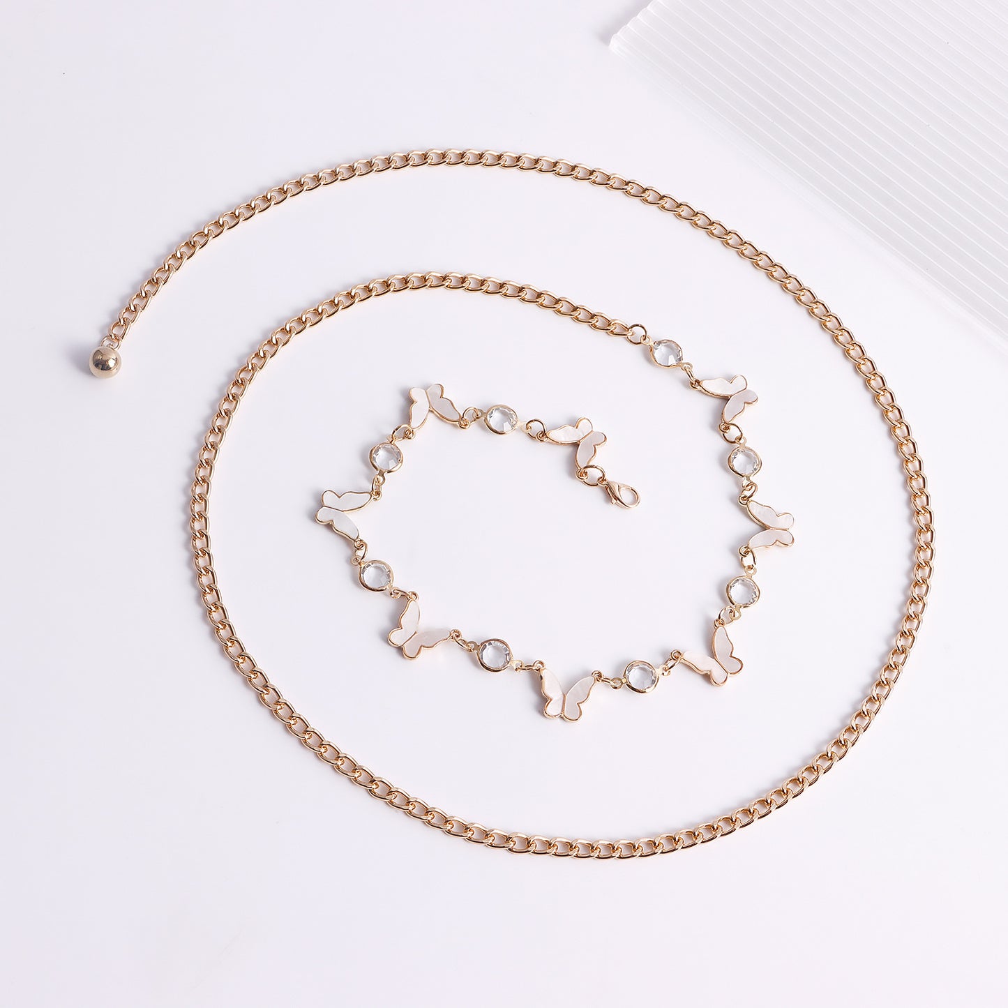 Punk Style Mother-of-Pearl Butterfly Pendant Rhinestone Waist Chain for Women Single Loop Metal Body Chain