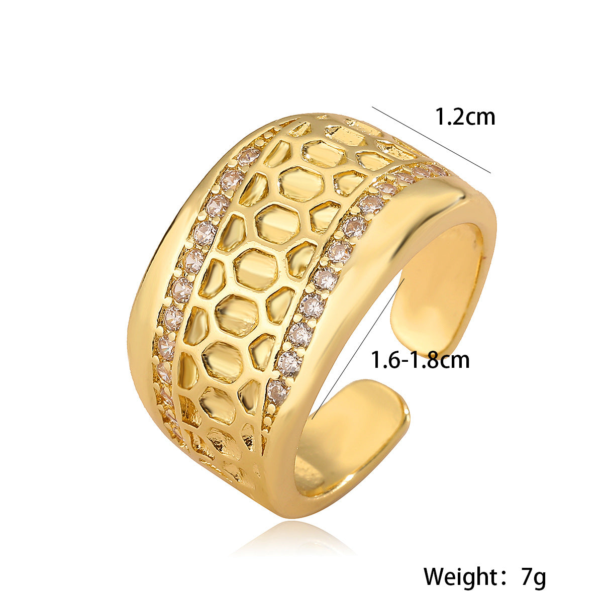 Geometric Wide Band Ring for Women in Copper with 18K Gold Plating and Zircon Inlay, Fashionable Adjustable Open-Style Band