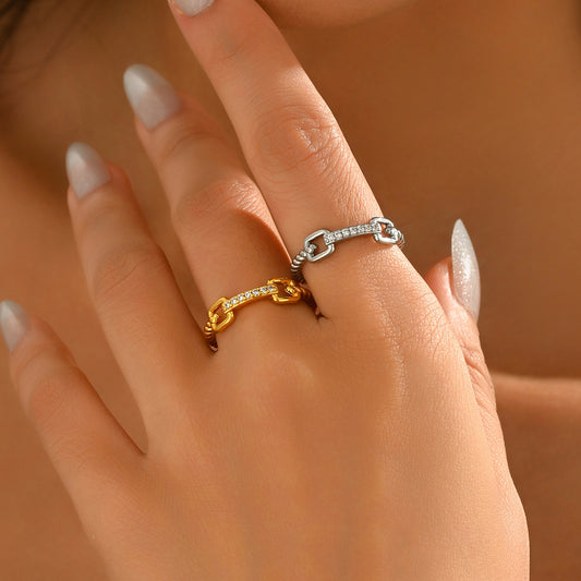 Anillo minimalista geométrico abierto para mujer de aleación de zinc con incrustaciones de circonita cúbica