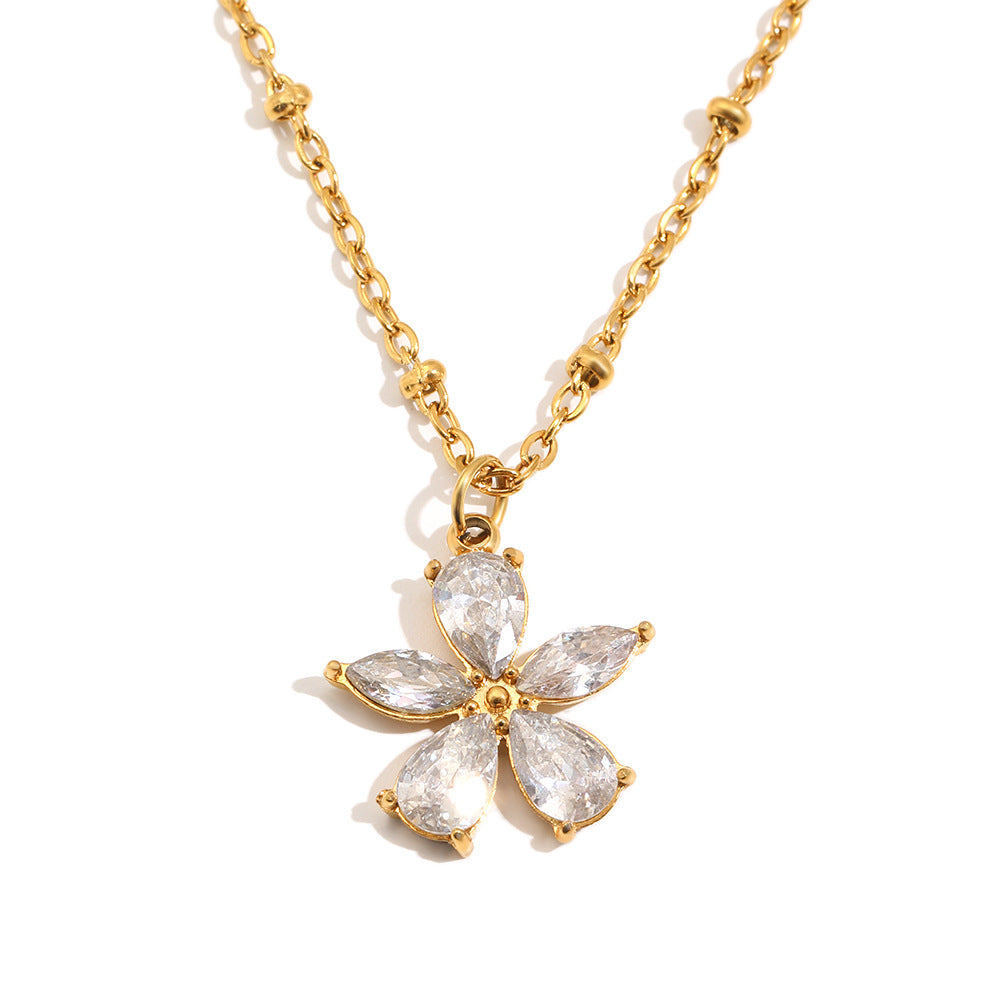 Elegant Luxury Floral Stainless Steel Plated Necklace with Cubic Zirconia Ball Chain for Women