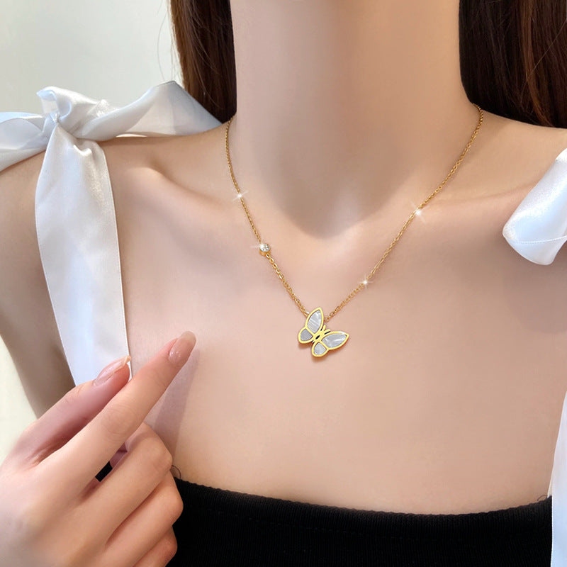 Minimalist Titanium Steel Butterfly Pendant Necklace for Women with Gold Plating and Geometric Design Locket Chain
