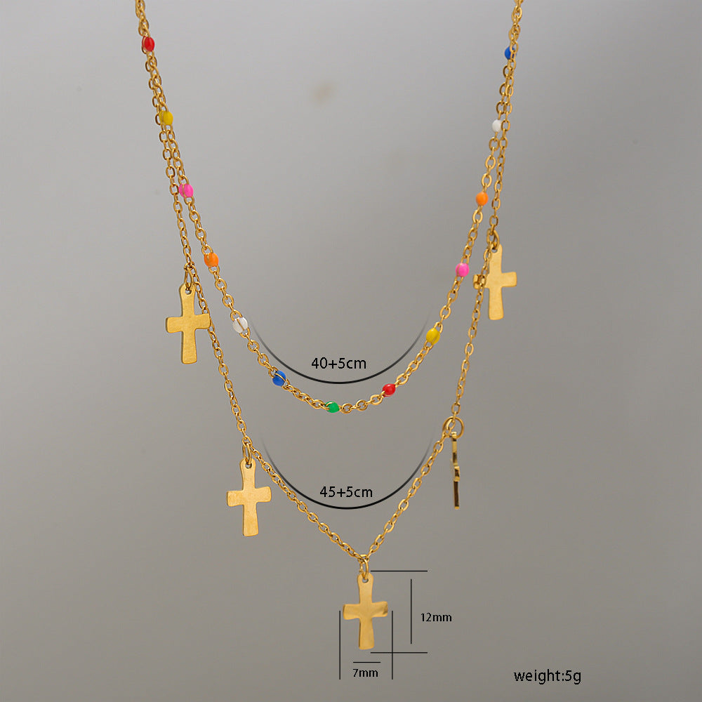 Collana Pendente a Croce Stile Principessa per Donna, Acciaio Inossidabile, Doppia Strato, Acciaio al Titanio, Catena Clavicola con Perline Colorate e Finitura Elettroplaccata