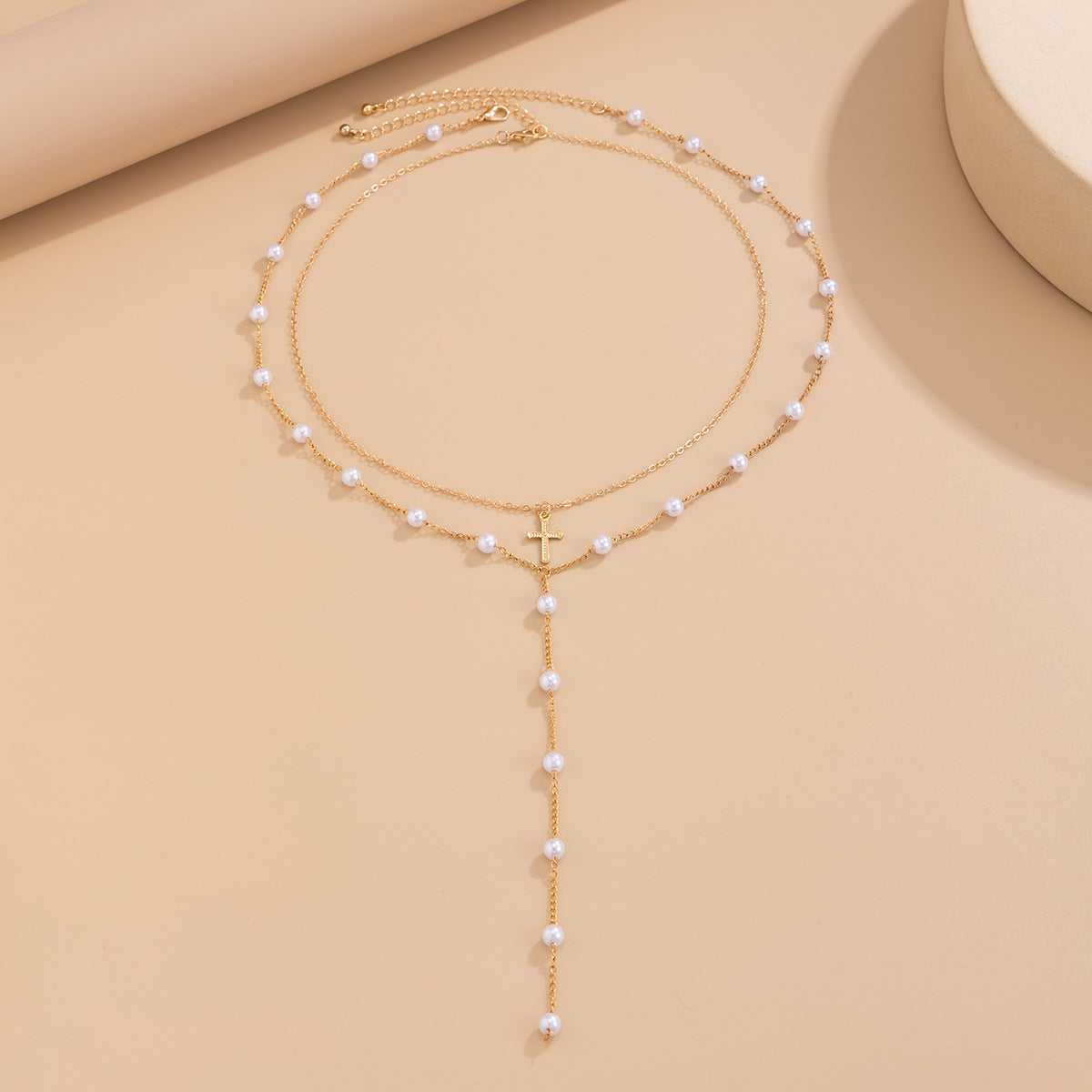 Multi-Layer Faux Pearl Cross Pendant Tassel Alloy Necklace for Women