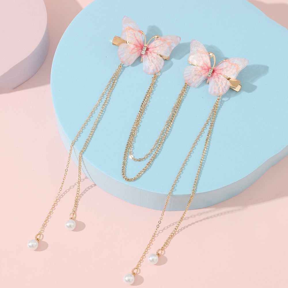 Ancient Chinese Style Butterfly Hairpin Set with Pearl Dangling Tassels for Girls, Metal Hair Clips with Delicate Flowing Fringe