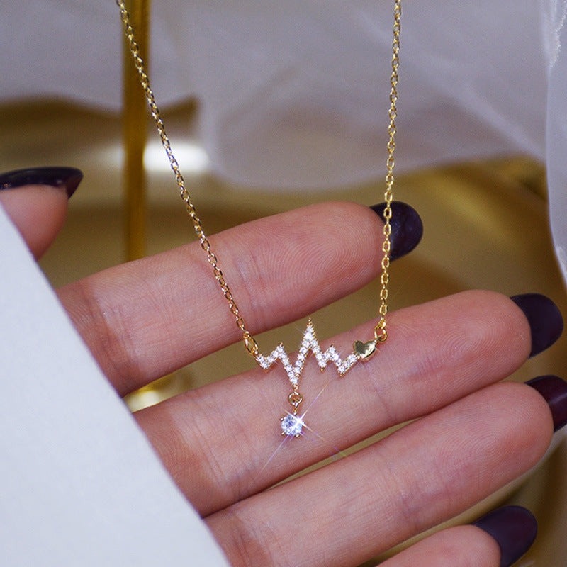 Romantic ECG Heart-Shaped Titanium Steel Plated Necklace for Women with Delicate Clavicle Chain and Minimalist Fresh Aesthetic