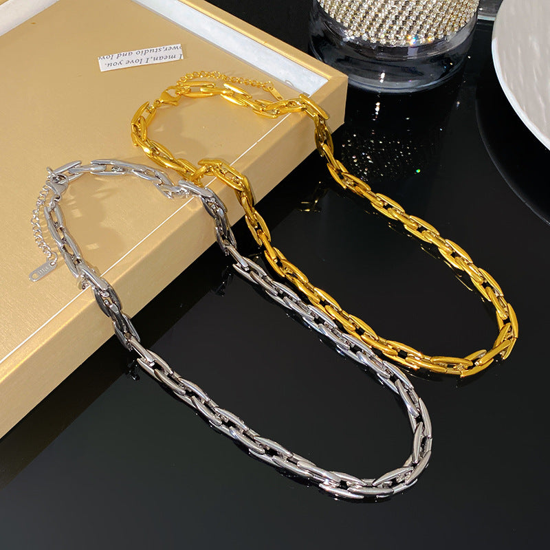 18K Gold Plated Titanium Steel Geometric Chain Necklace and Bracelet Set for Unisex