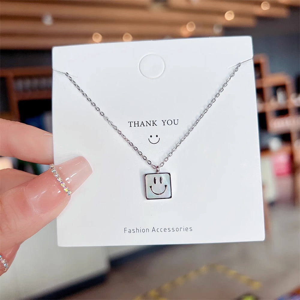 Minimalist Square Shell Smile Pendant Necklace for Women Titanium Steel with Gold Plating Locket Chain
