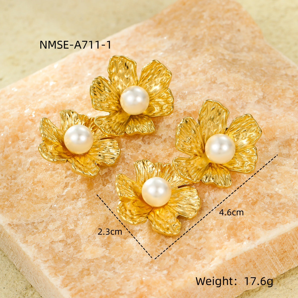 Vintage Style Petal-Shaped Stainless Steel Stud Earrings with Pearl Inlay and Textured Fringe Detail