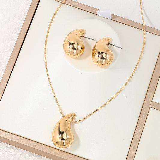 Fashionable Geometric Teardrop Necklace and Earrings Set for Women Alloy Plated Long Pendant Jewelry