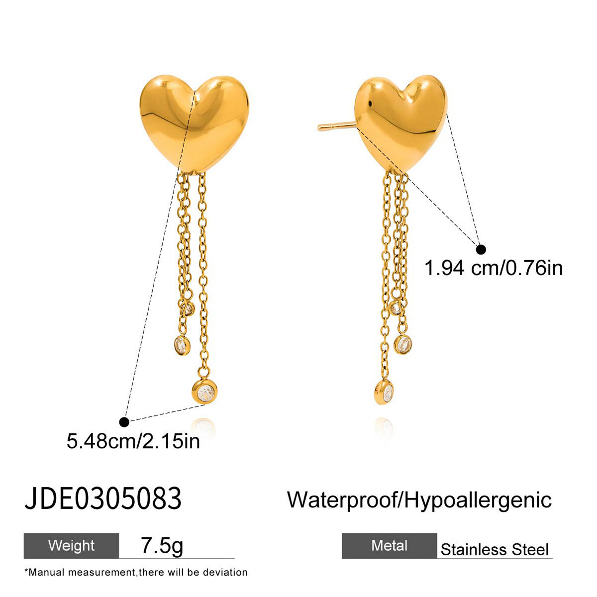 Elegant Heart Stainless Steel Stud Earrings PVD Plated for Women