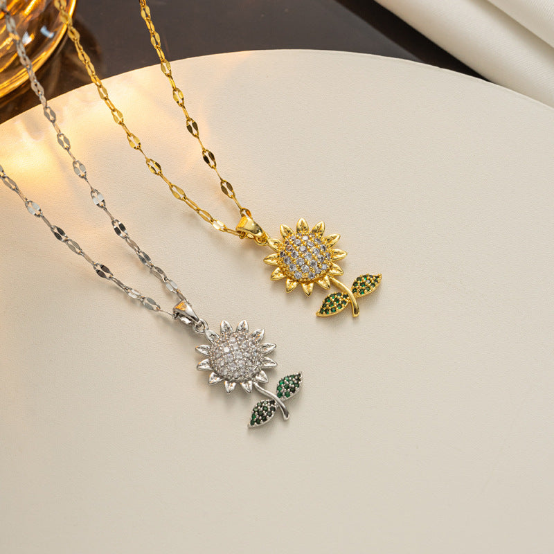 Minimalist Sunflower Pendant Necklace for Women in Titanium Steel with Plating Finish and Zircon Accents on Wavy Chain