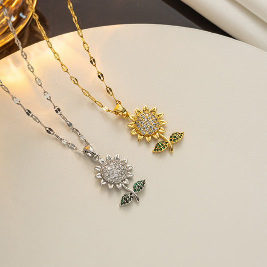 Minimalist Sunflower Pendant Necklace for Women in Titanium Steel with Plating Finish and Zircon Accents on Wavy Chain