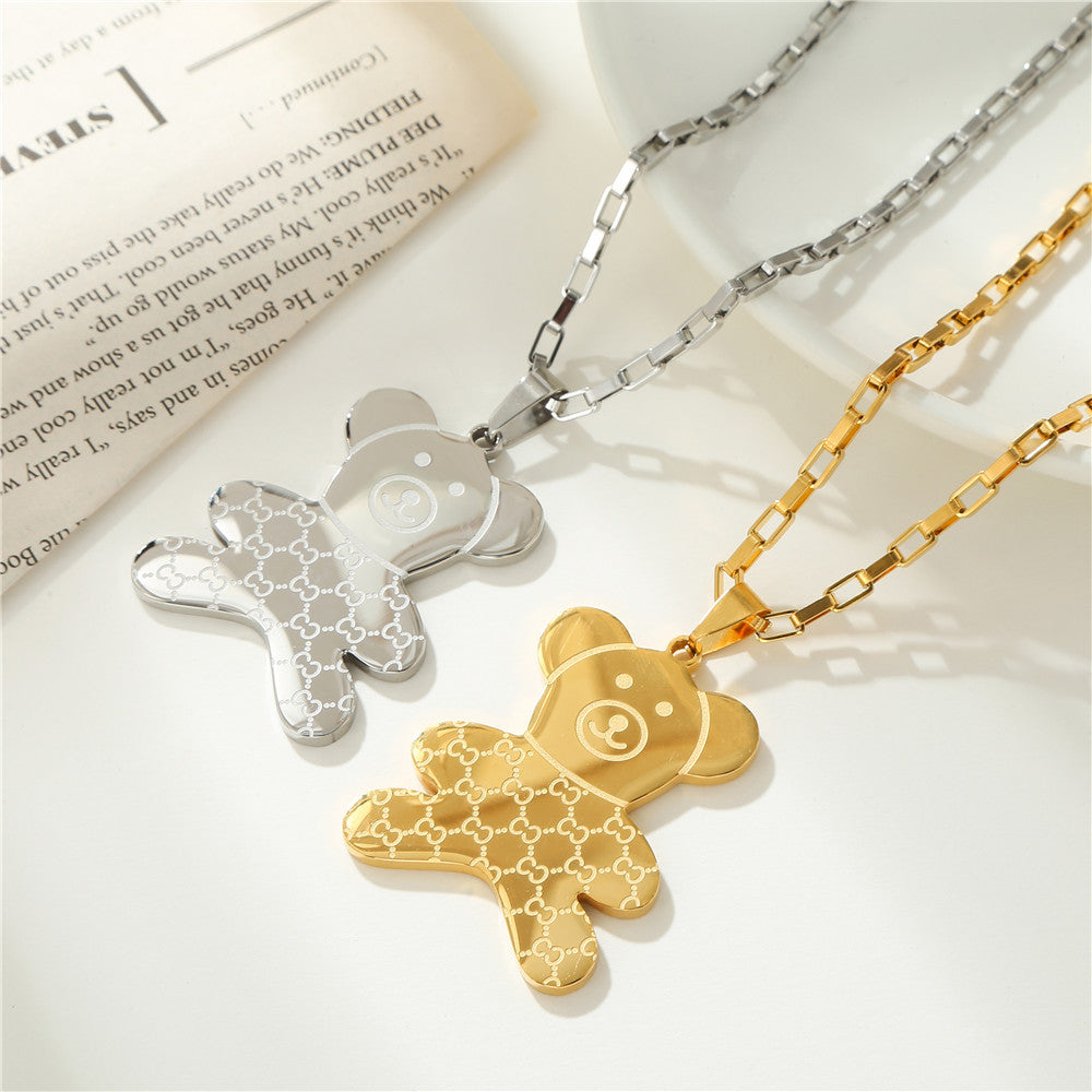 Fashion Casual Bear Animal Titanium Steel Plated Alloy Pendant Box Chain Necklace for Women
