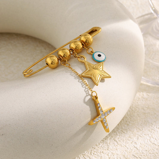 Minimalist Geometric Stainless Steel Plated 18K Gold Star and Eye Brooch for Unisex Gift