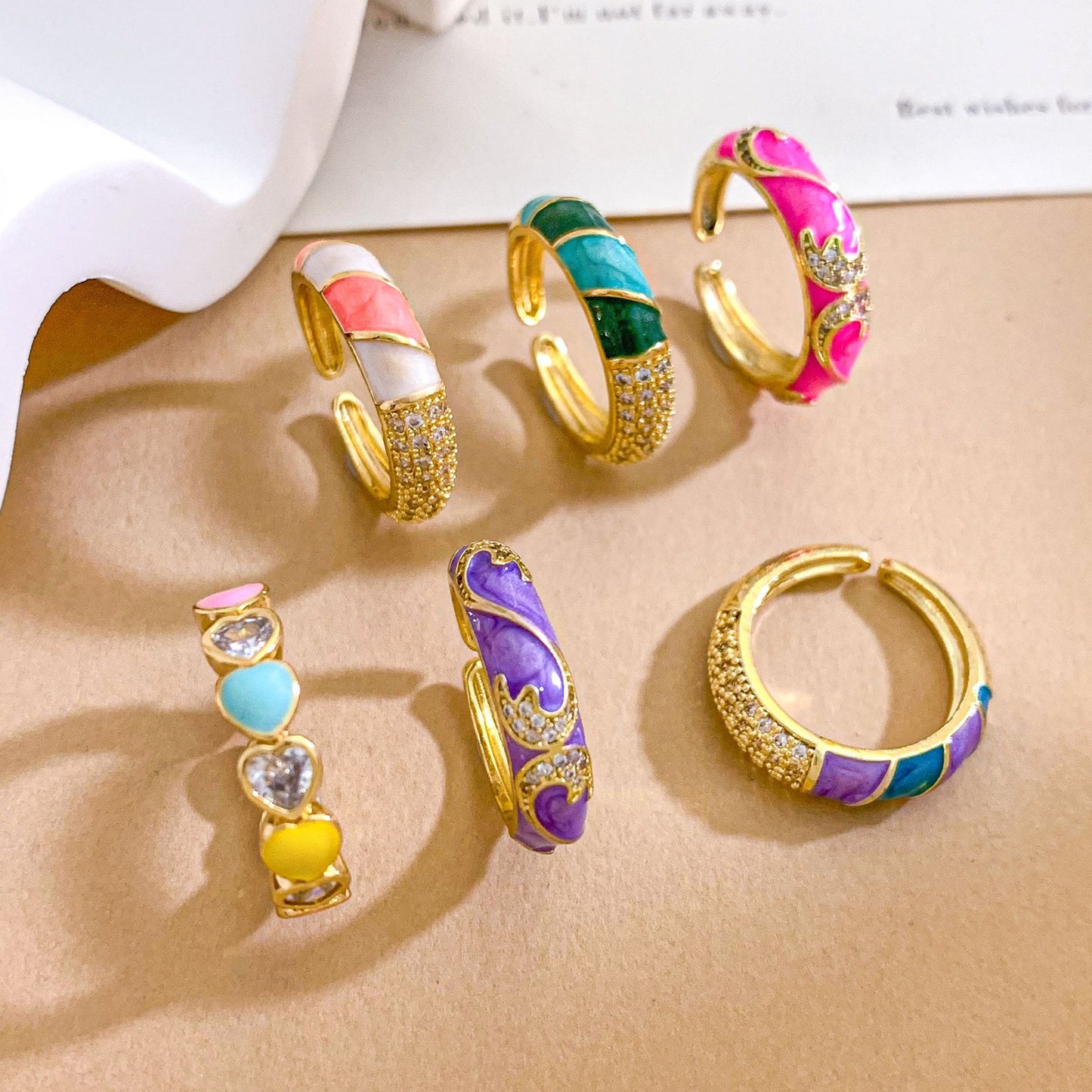 Minimalist Colorful Heart Drip Oil Gold Plated Brass Adjustable Ring for Women