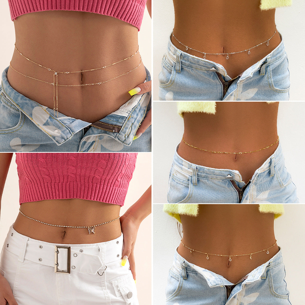 Hip-hop Casual Matte Alloy Double Layer Body Chain with Crystal Tassel Adjustable Waist Chain for Women