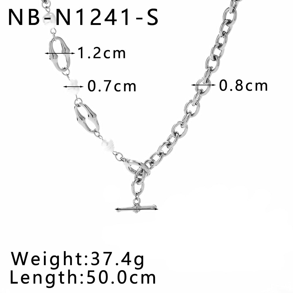 Ins Style Asymmetrical Geometric Pendant Necklace and Bracelet Set in Stainless Steel with Natural Pearl Accents and 18K Vacuum Plated Finish