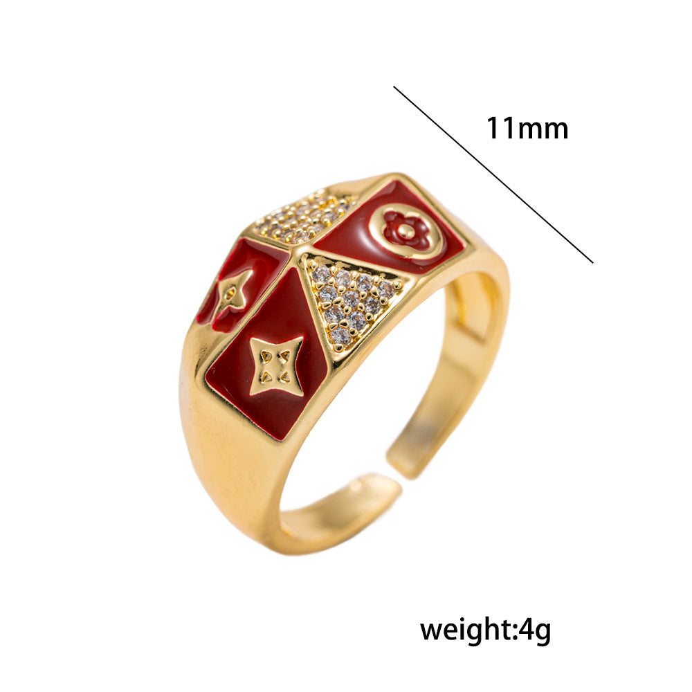 Vintage Court Style 18K Gold Plated Copper Enamel Floral Zircon Open Ring for Unisex