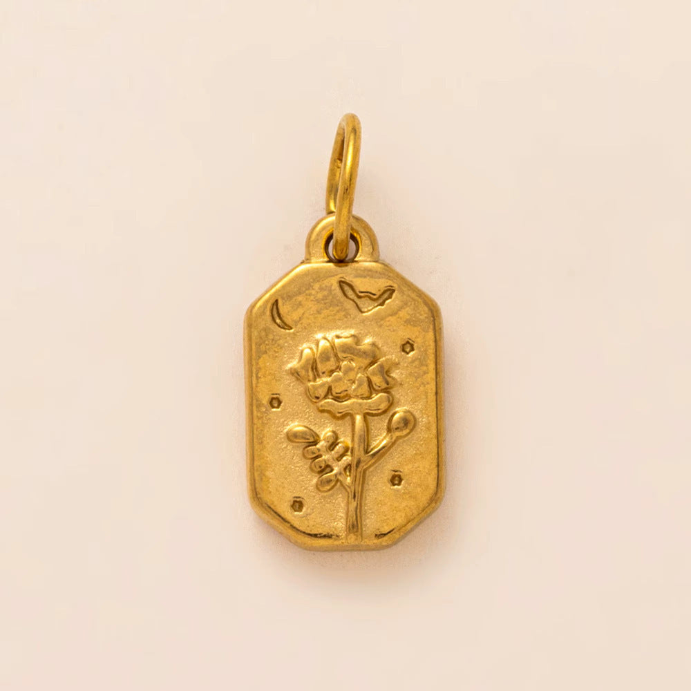 Vintage 18K Gold Plated Stainless Steel Geometric Floral Charm Bar