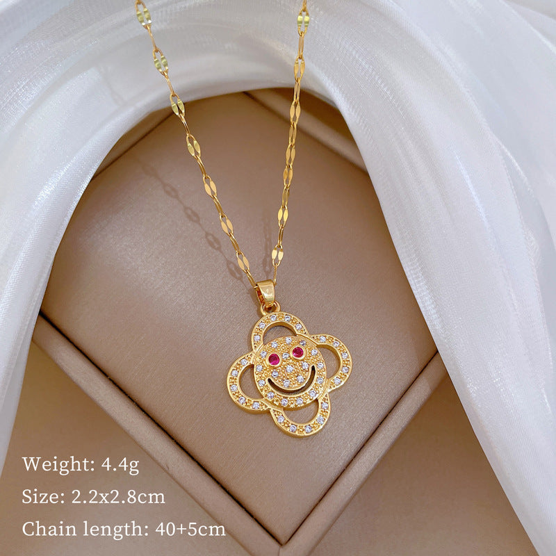 Luxury Minimalist Sweet Geometric Rhinestone Pendant Necklace for Women Titanium Steel O-Chain