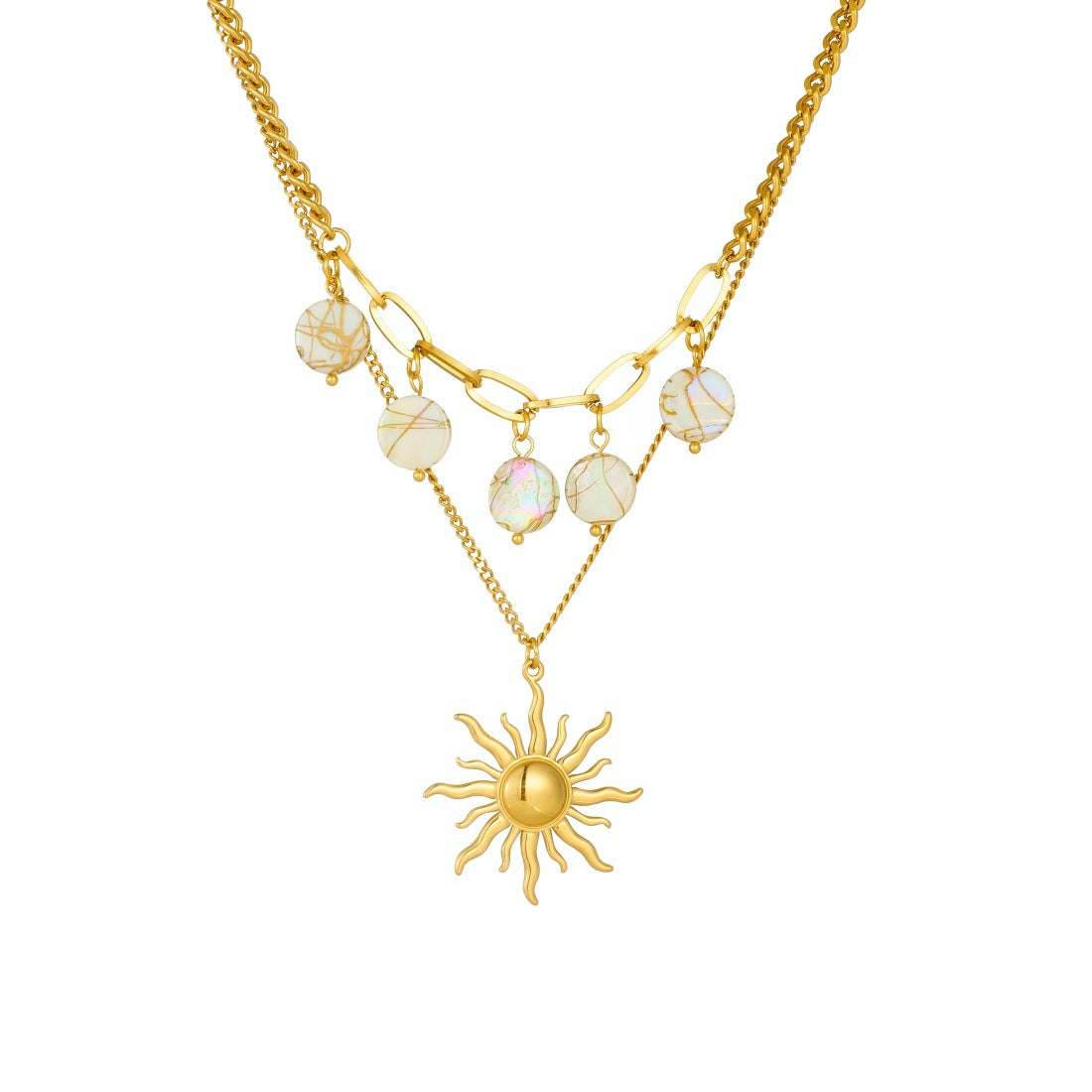 Vintage Gold Plated Round Geometric Sun Stainless Steel Pendant Necklace for Women